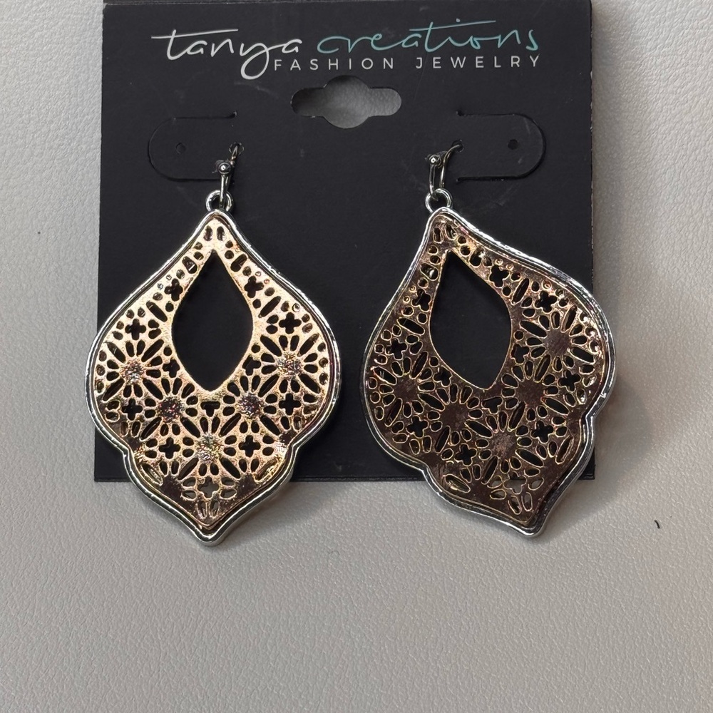 Gold and Silver Filigree Teardrop Earrings 2.25 inch